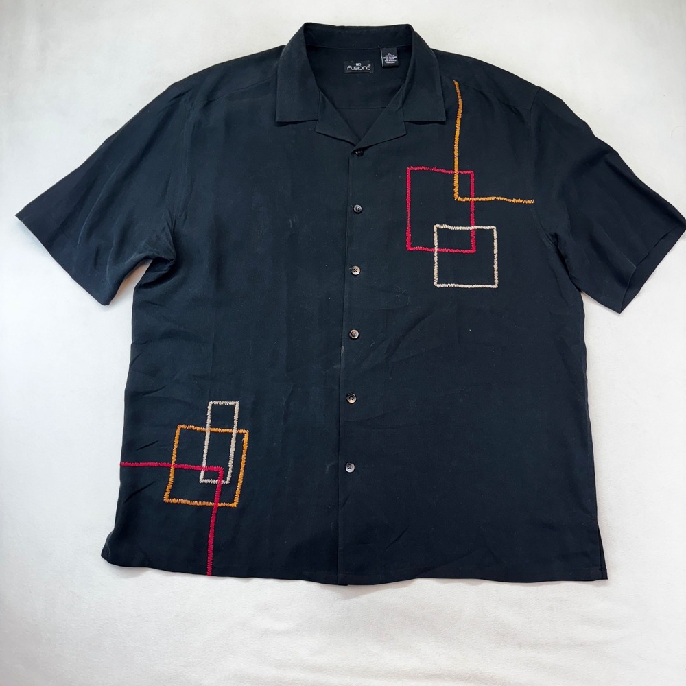 Fusione Button Down Shirt Men XL Black 100% Silk Geometric Embroidered Short SLV